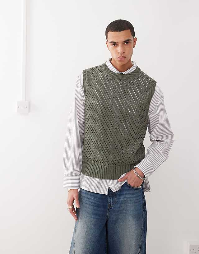 Asos Reclaimed Vintage Crochet Open Stitch Knitted Resort Tank In Khaki - KHAKI