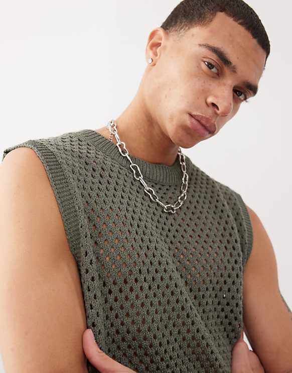 asos Reclaimed Vintage crochet open stitch knitted resort tank in khaki - KHAKI