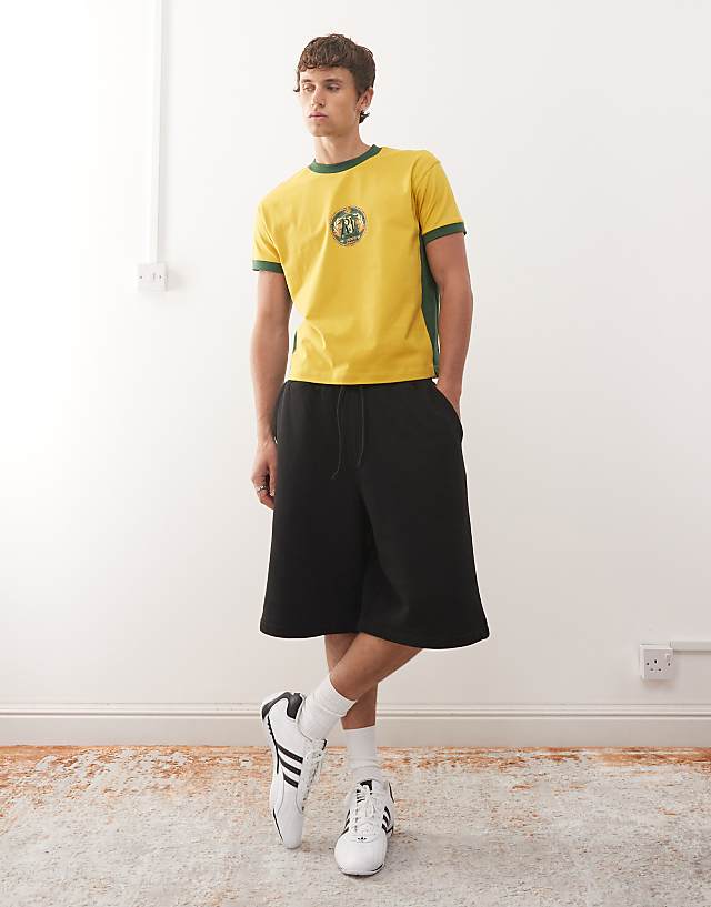 Asos Reclaimed Vintage Cropped Boxy Ringer Tshirt With Beer Mat Graphic In Yellow And Green