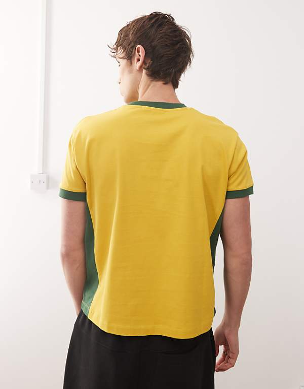 Asos Reclaimed Vintage Cropped Boxy Ringer Tshirt With Beer Mat Graphic In Yellow And Green