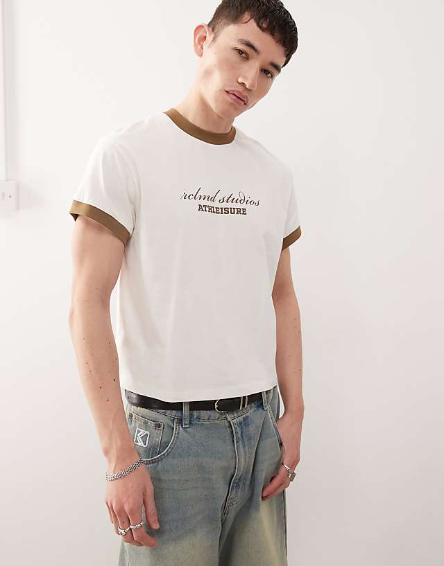 asos Reclaimed Vintage cropped boxy ringer tshirt with branded graphic in white