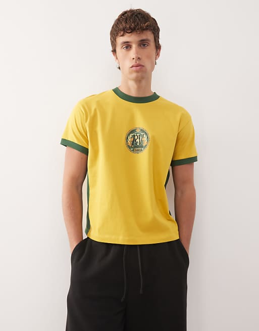 asos Reclaimed Vintage cropped boxy ringer tshirt with beer mat graphic in yellow and green