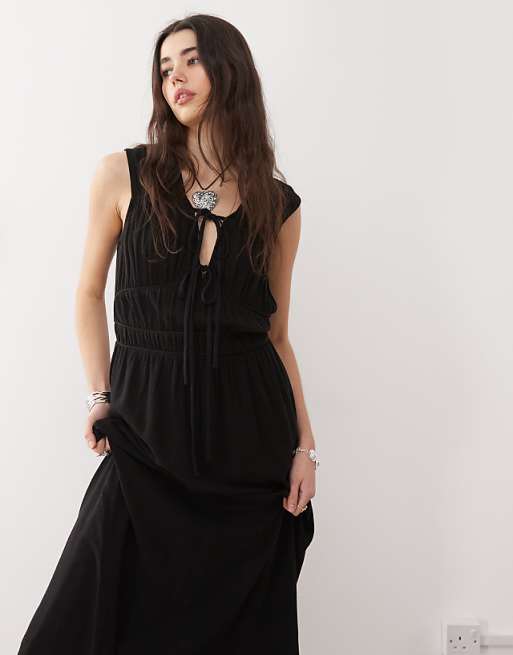Asos Reclaimed Vintage Linen Blend Maxi Sundress With Ruching And Ties In Black