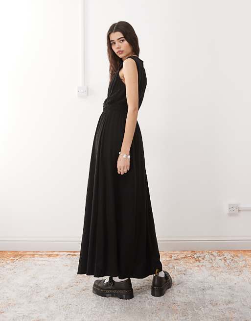 Asos Reclaimed Vintage Linen Blend Maxi Sundress With Ruching And Ties In Black