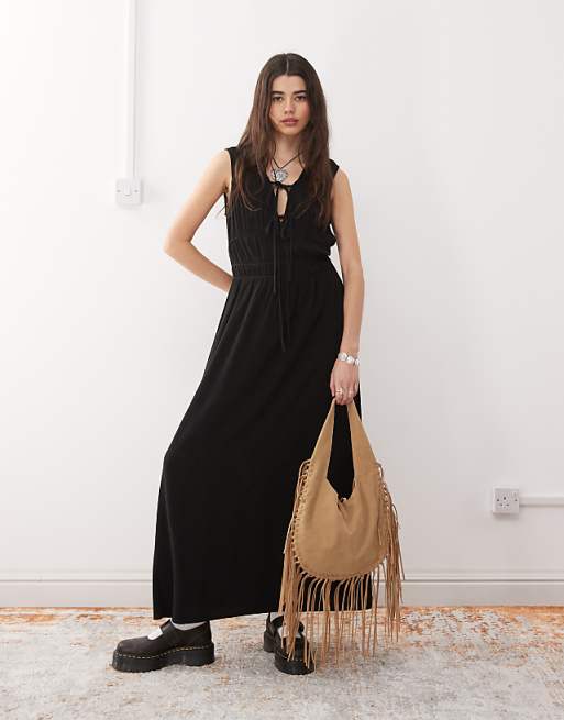 asos Reclaimed Vintage linen blend maxi sundress with ruching and ties in black
