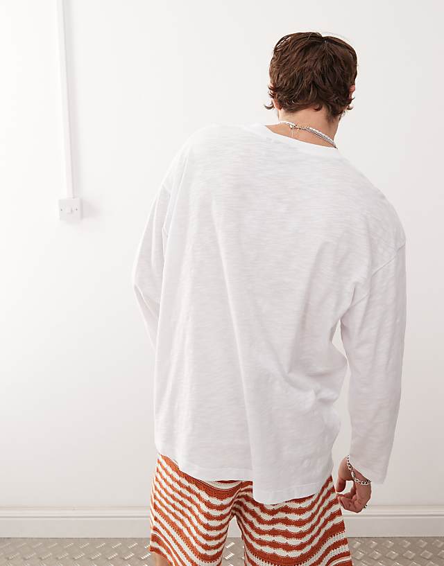 Asos Reclaimed Vintage Long Sleeve Slub Jersey Henley T-shirt In White