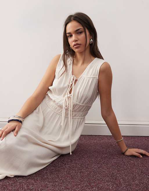 Asos Reclaimed Vintage Maxi Linen Blend Sun Dress With Ruching And Ties In Ecru