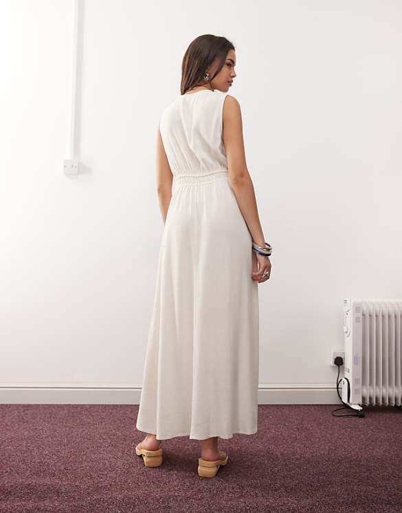 Asos Reclaimed Vintage Maxi Linen Blend Sun Dress With Ruching And Ties In Ecru