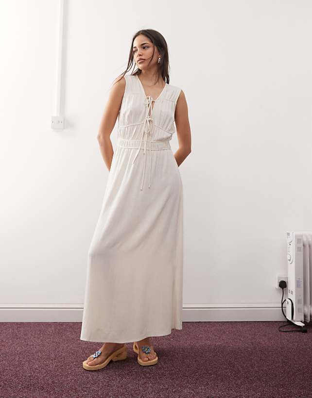 asos Reclaimed Vintage maxi linen blend sun dress with ruching and ties in ecru
