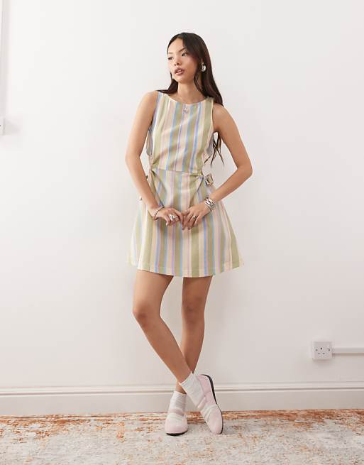 Asos Reclaimed Vintage Mini Dress With Cutouts And Tie Sides In Linen Look Deckchair Stripe