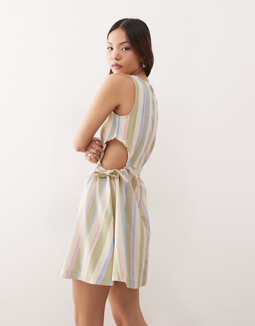 Asos Reclaimed Vintage Mini Dress With Cutouts And Tie Sides In Linen Look Deckchair Stripe