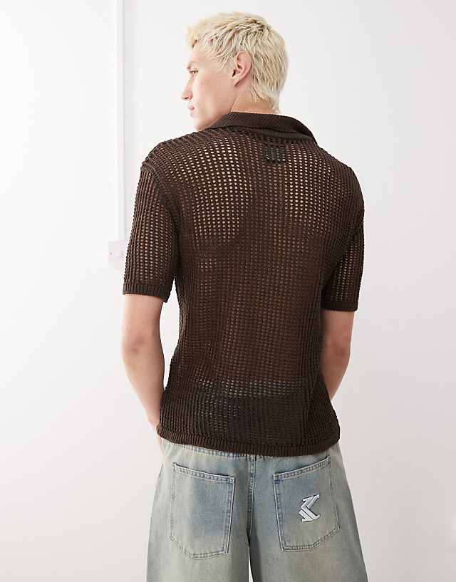 Asos Reclaimed Vintage Open Stitch Knitted Polo Shirt In Chocolate Brown