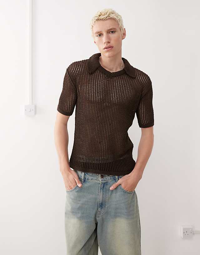 asos Reclaimed Vintage open stitch knitted polo shirt in chocolate brown