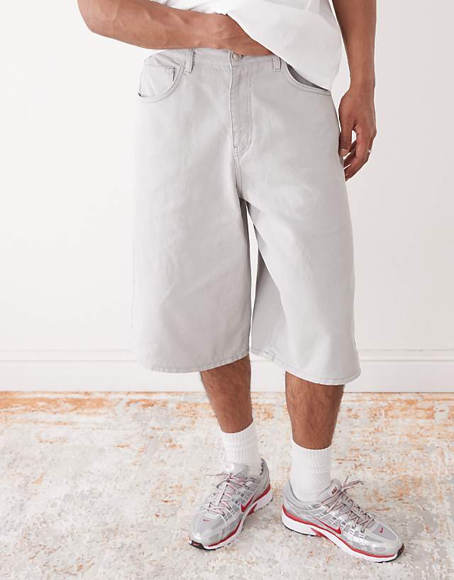 Asos Reclaimed Vintage Oversized Longline Denim Jort In Light Grey