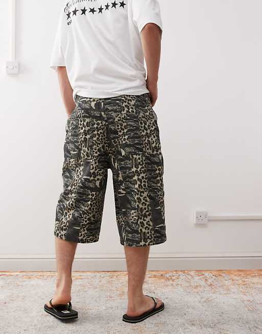 Asos Reclaimed Vintage Oversized Longline Denim Jort In Camo Animal Print