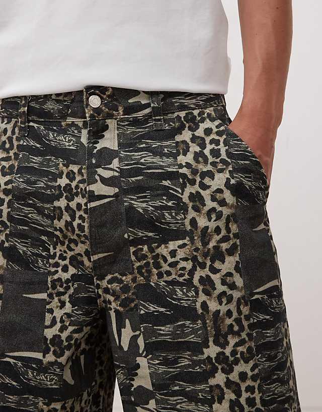 Asos Reclaimed Vintage Oversized Longline Denim Jort In Camo Animal Print