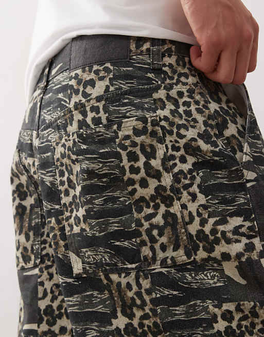 Asos Reclaimed Vintage Oversized Longline Denim Jort In Camo Animal Print
