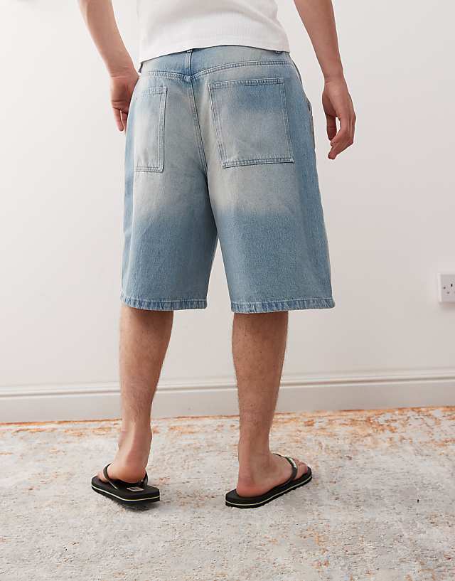 Asos Reclaimed Vintage Oversized Longline Denim Jort In Light Blue Faded Wash