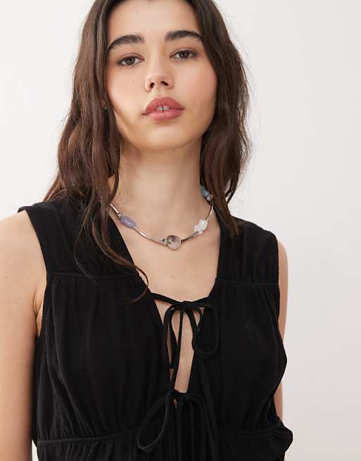 Asos Reclaimed Vintage Ruched Tie Front Top Linen Blend Top In Black