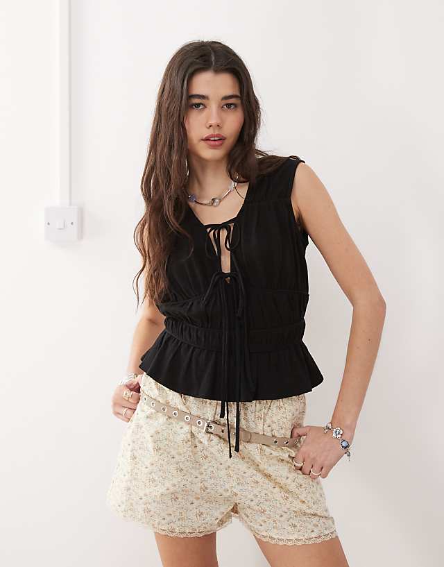 asos Reclaimed Vintage ruched tie front top linen blend top in black