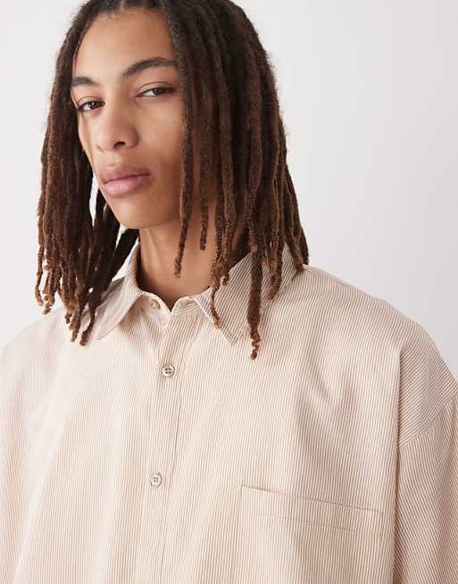Asos Reclaimed Vintage Short Sleeve Boxy Shirt In Beige Pinstripe