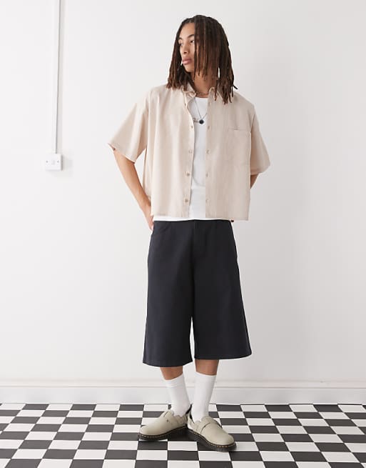 Asos Reclaimed Vintage Short Sleeve Boxy Shirt In Beige Pinstripe