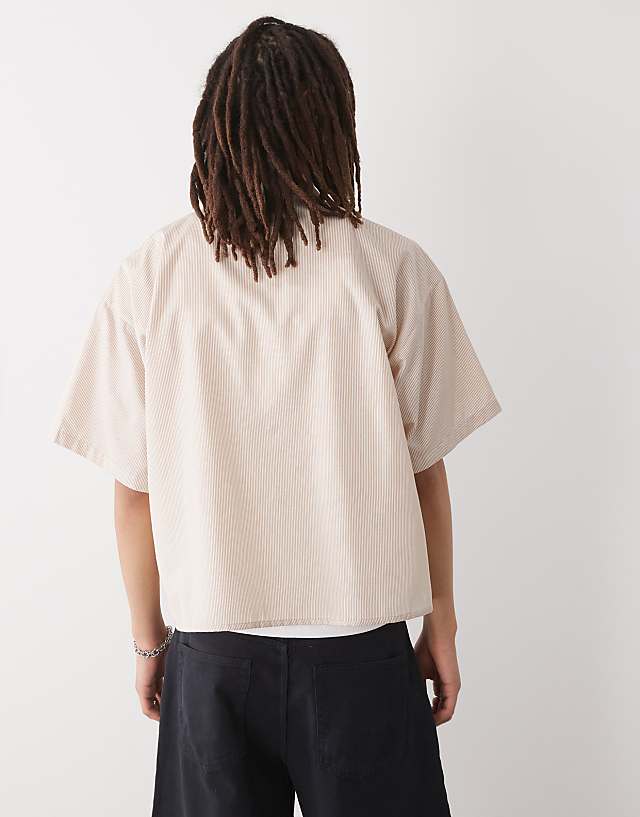 Asos Reclaimed Vintage Short Sleeve Boxy Shirt In Beige Pinstripe