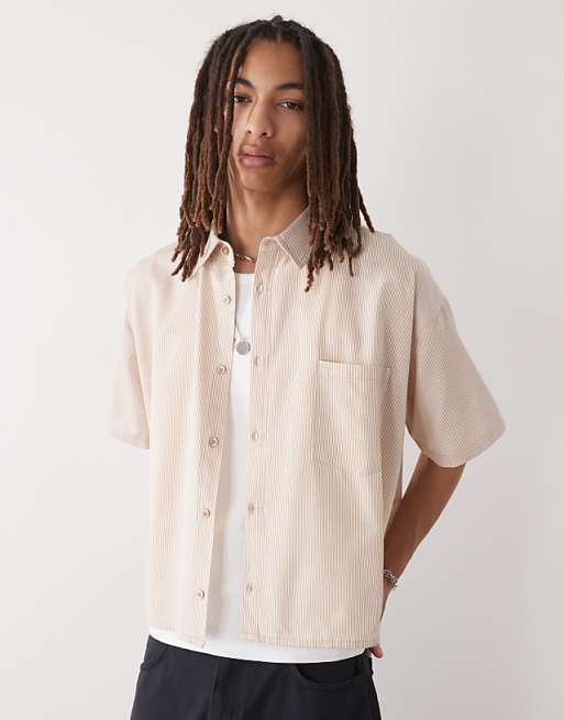 asos Reclaimed Vintage short sleeve boxy shirt in beige pinstripe