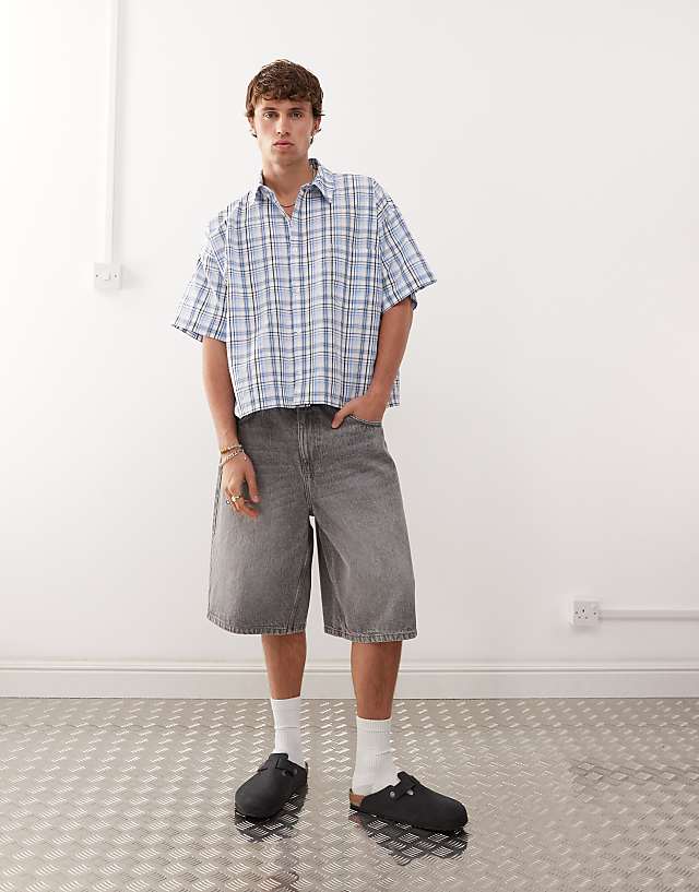 Asos Reclaimed Vintage Short Sleeve Boxy Shirt In Blue Check