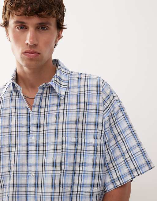 Asos Reclaimed Vintage Short Sleeve Boxy Shirt In Blue Check