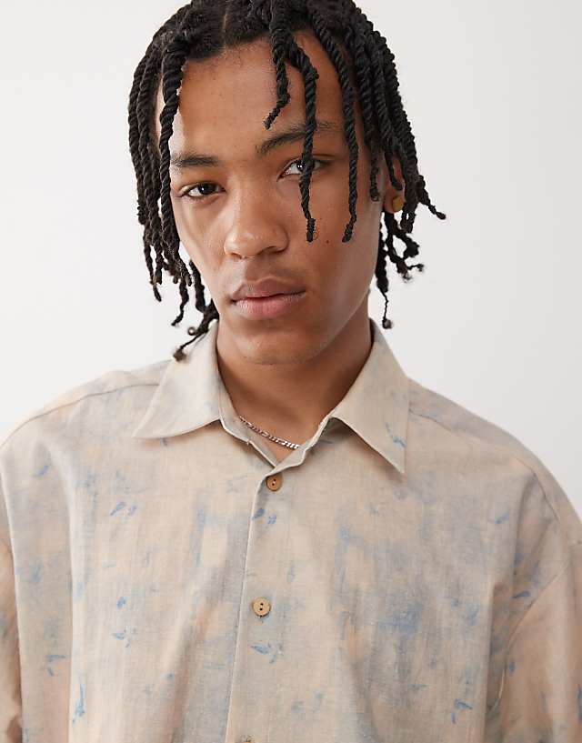 Asos Reclaimed Vintage Short Sleeve Boxy Shirt With Blue Floral Print Detail In Linen Look
