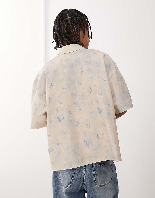 Asos Reclaimed Vintage Short Sleeve Boxy Shirt With Blue Floral Print Detail In Linen Look