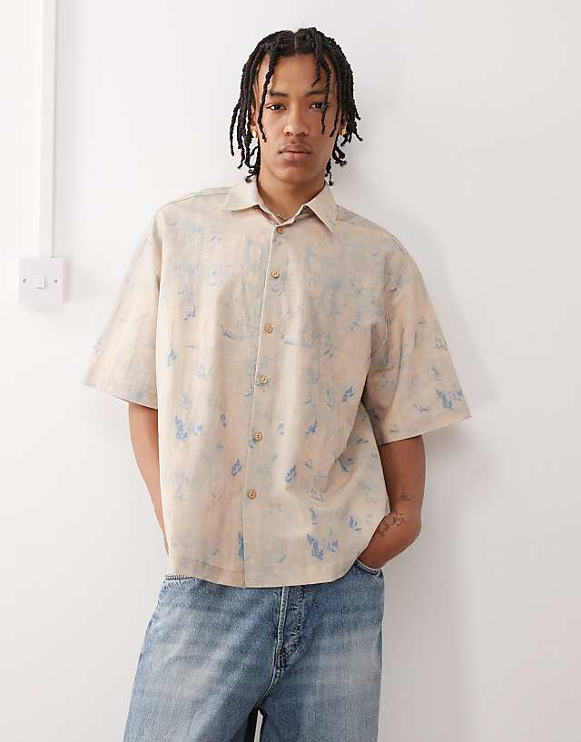 asos Reclaimed Vintage short sleeve boxy shirt with blue floral print detail in linen look