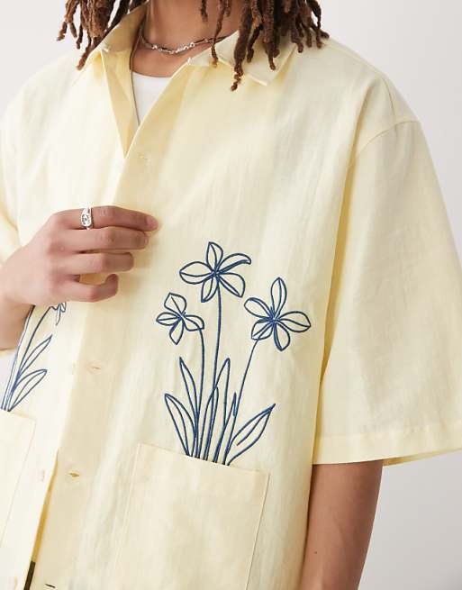Asos Reclaimed Vintage Short Sleeve Boxy Shirt With Floral Embroidery In Ecru