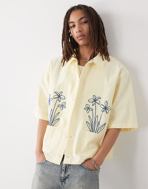 asos Reclaimed Vintage short sleeve boxy shirt with floral embroidery in ecru