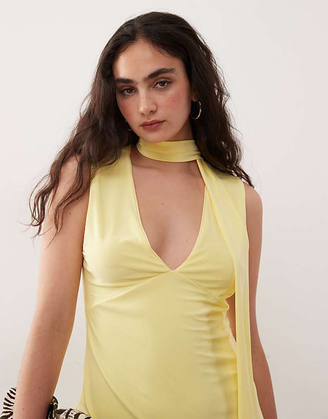 Asos Reclaimed Vintage Soft Touch V-neck Dress With Scarf In Yellow