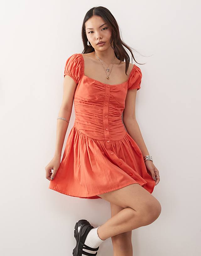 asos Reclaimed Vintage square neck dropped waist mini sun dress in tangerine red