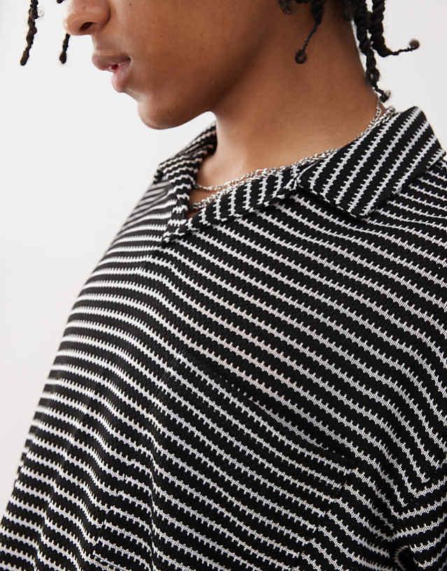Asos Reclaimed Vintage Textured Jersey Striped Short Sleeve Resort Polo Top In Black