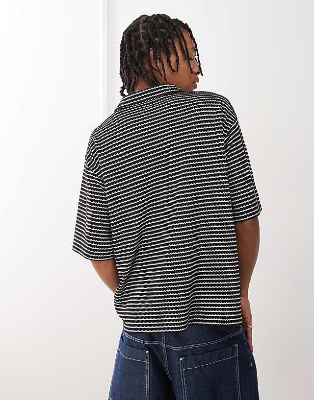Asos Reclaimed Vintage Textured Jersey Striped Short Sleeve Resort Polo Top In Black