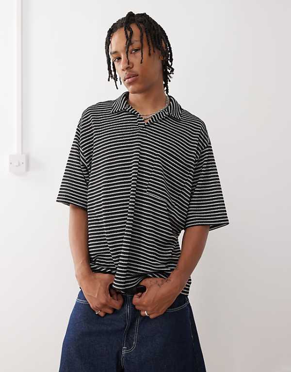 asos Reclaimed Vintage textured jersey striped short sleeve resort polo top in black