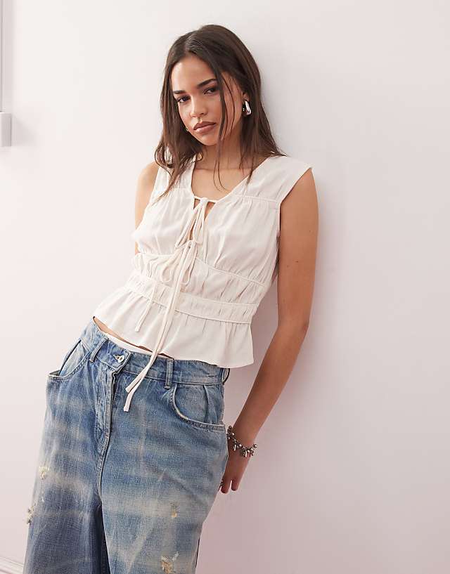 asos Reclaimed Vintage tie front top in ecru linen blend