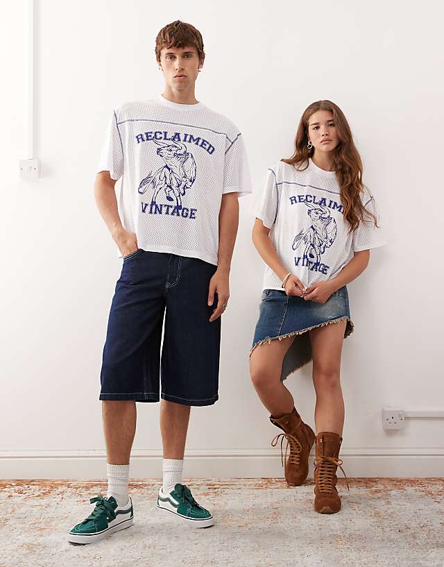 Asos Reclaimed Vintage Unisex Airtex Western Graphic Printed Boxy T-shirt In White