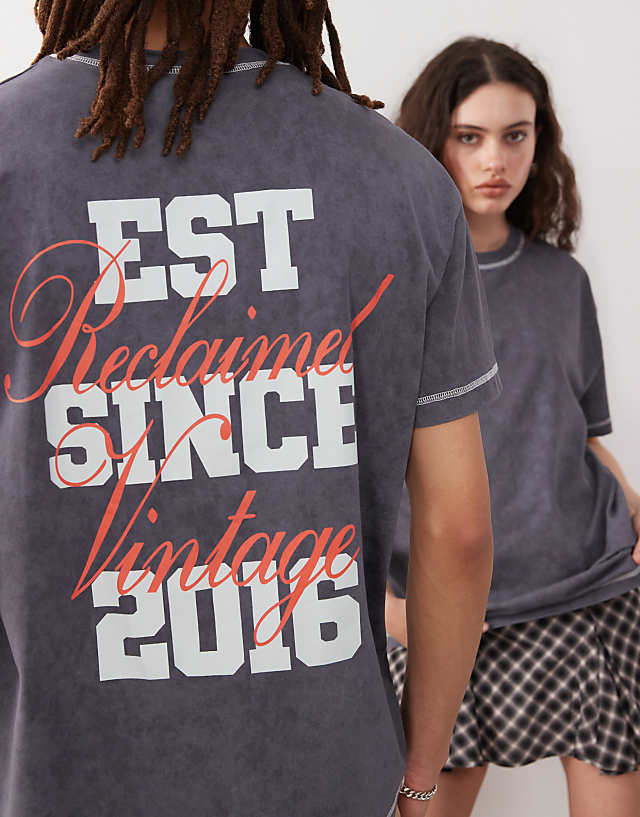 Asos Reclaimed Vintage Unisex Back Graphic Print Oversized T-shirt In Charcoal Grey