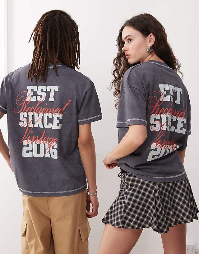Asos Reclaimed Vintage Unisex Back Graphic Print Oversized T-shirt In Charcoal Grey