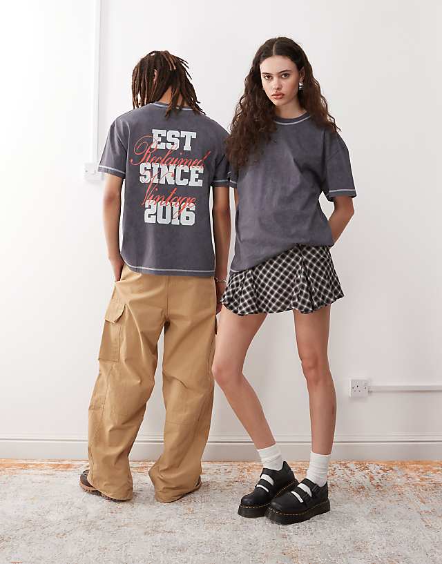 asos Reclaimed Vintage unisex back graphic print oversized t-shirt in charcoal grey