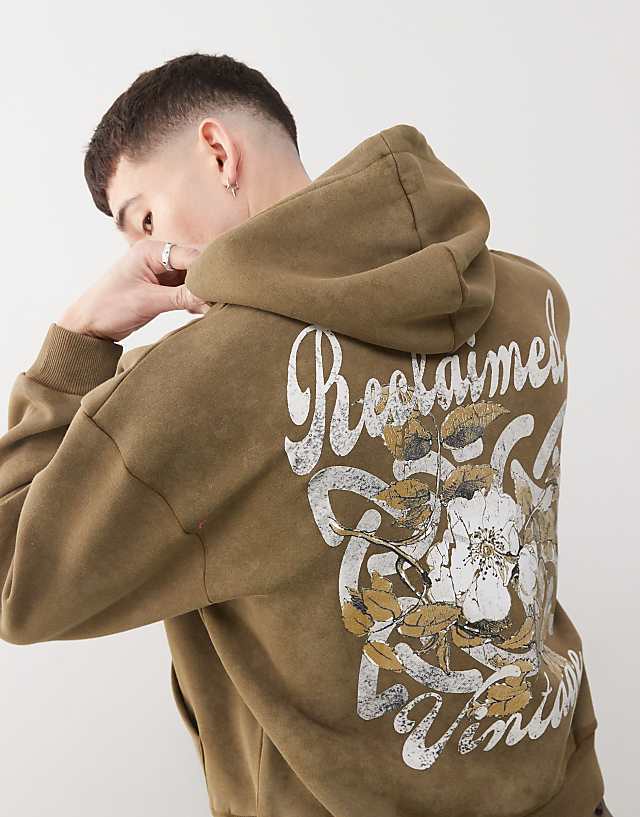 Asos Reclaimed Vintage Unisex Boxy Hoodie With Back Graphic In Khaki