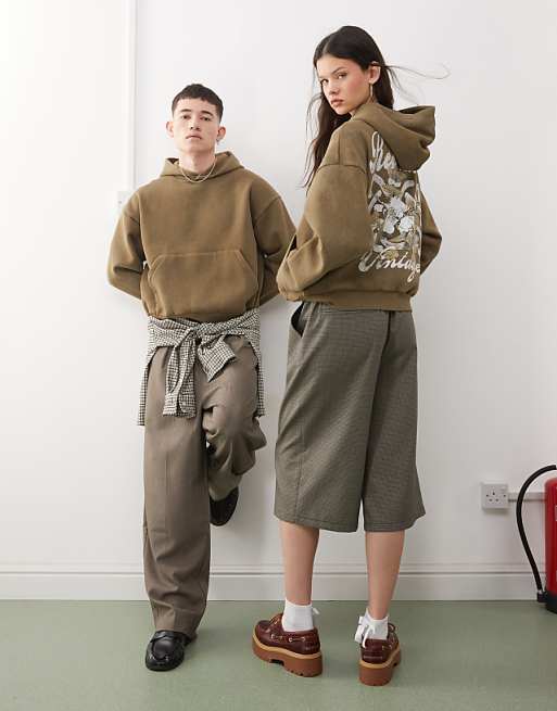 Asos Reclaimed Vintage Unisex Boxy Hoodie With Back Graphic In Khaki