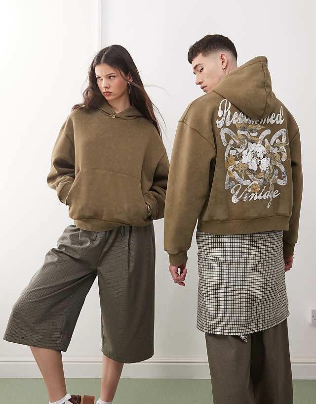 Asos Reclaimed Vintage Unisex Boxy Hoodie With Back Graphic In Khaki