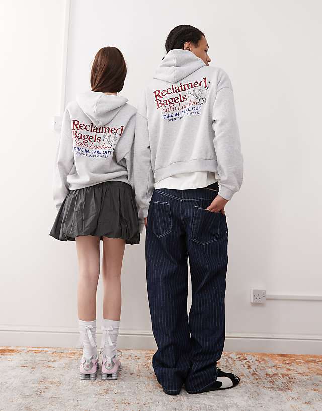 Asos Reclaimed Vintage Unisex Boxy Hoodie With Back Graphic Print In Grey Marl