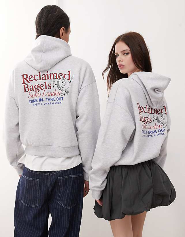 asos Reclaimed Vintage unisex boxy hoodie with back graphic print in grey marl